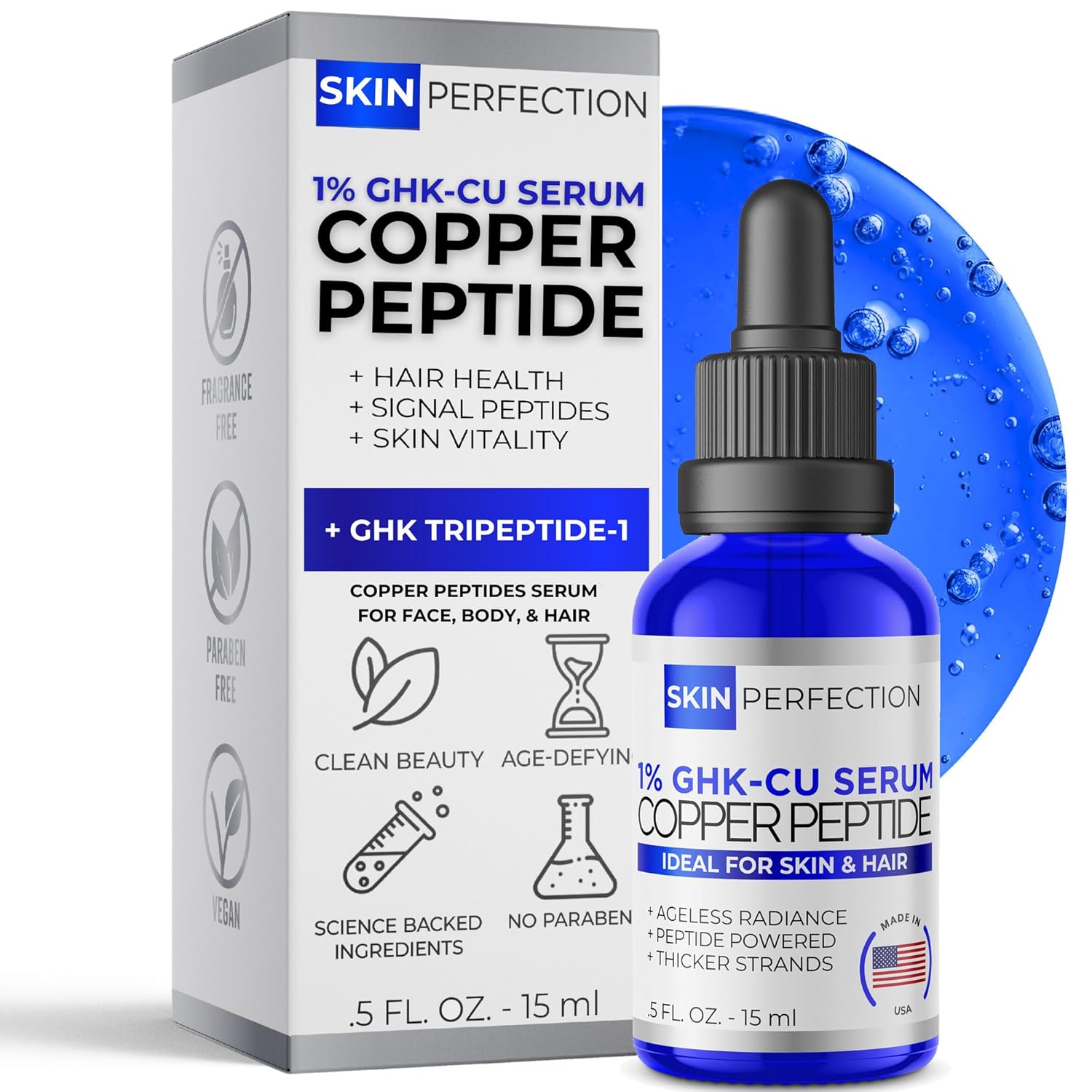 Amazon.com: Skin Perfection Copper Peptide Serum GHK-CU 1% for Face & Hair Copper Peptides for Skin, Hair, & Scalp - 1% Blue Liquid for Face, Neck, Body, Scalp Multi-Use Serum Booster with Dropper 0.5 fl oz : Beauty & Personal Care